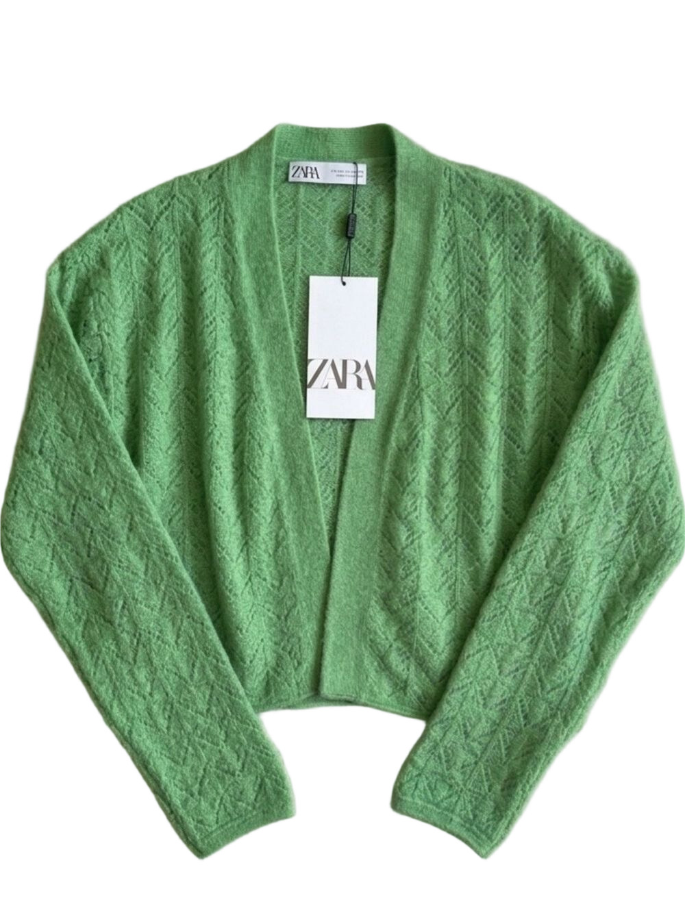 Zara Green Cotton Crochet Knit Cardigan Cropped Open Front Long Sleeve Small